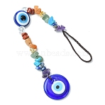 Gemstone Chip Beaded Pendant Decorations, with Evil Eye Lampwork and Nylon Thread Hanging Ornaments, Flat Round, 225mm, Pendant: 177x29x8mm(HJEW-JM01129-02)