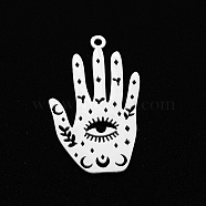 201 Stainless Steel Pendants, Laser Cut, Palm with Eye, Stainless Steel Color, 30x18x1mm, Hole: 1.6mm(STAS-T056-LA322-1)