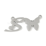 Non-Tarnish 304 Stainless Steel Pendants, Letter & Butterfly Charms, Letter S, 11x26x0.9mm, Hole: 1.2mm(STAS-L279-002P-S)