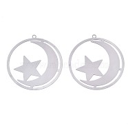 201 Stainless Steel Filigree Pendants, Etched Metal Embellishments, Ring with Moon & Star, Stainless Steel Color, 42.5x40x0.3mm, Hole: 1.8mm(X-STAS-S118-013P)