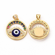 Rack Plating Brass Micro Pave Colorful Cubic Zirconia Pendants, with Handmade Evil Eye Lampwork, Cadmium Free & Lead Free, Long-Lasting Real 18K Gold Plated, Flat Round with Eye Charm, Blue, 23.5x21x3.5~4mm, Hole: 4.5x3.5mm(LAMP-A153-05G-04)