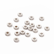 201 Stainless Steel Spacer Beads, Flat Round with Diamond Texture, Stainless Steel Color, 5x2mm, Hole: 2mm(STAS-A057-25A-P)