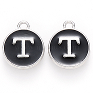 Platinum Plated Alloy Charms, Cadmium Free & Lead Free, with Enamel, Enamelled Sequins, Flat Round with Letter, Letter.T, 14x12x2mm, Hole: 1.5mm(ENAM-S118-02T-P)