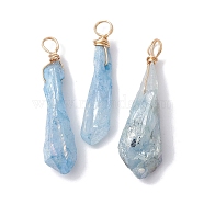 Electroplated Natural Quartz Crystal Dyed Pendants, Teardrop Charms with Golden Plated Copper Wire Loops, Sky Blue, 34~37x6~10.5x6~9.5mm, Hole: 3.5mm(PALLOY-JF02325-04)