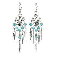 Synthetic Turquoise Beaded Chandelier Earrings, Alloy Feather Tassel Earrings with 304 Stainless Steel Pins, 102x30mm(EJEW-JE05371-02)