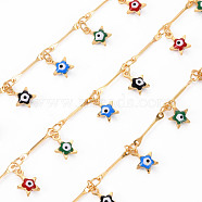 Handmade Brass Bar Chain, with Enamel Charms, Soldered, Spool, Star with Evil Eye, Real 18K Gold Plated, Colorful, 12.5x1.5x1mm and 3.5x2.5x0.3mm, about 16.4 Feet(5m)/roll(CHC-S012-078)