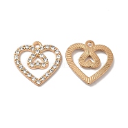Alloy Rhinestone Pendants, Heart Charms, Light Gold, 19x19x2mm, Hole: 1.6mm(ALRI-Q236-05LG)