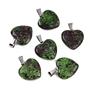 Heart Natural Zoisite Pendants, with Platinum Tone Brass Findings, Platinum, 20.5~21.5x20~21x5~6mm, Hole: 4x7.5mm(G-Q438-03-01)