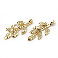 Brass Pendants, Leafy Branches, Real 18K Gold Plated, 23x10x1mm, Hole: 1mm(KK-T032-098G)