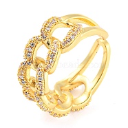 Curb Chains Shape Brass Open Cuff Rings with Cubic Zirconia, Lead Free & Cadmium Free, Real 18K Gold Plated, Inner Diameter: 17.4mm(RJEW-Q781-04G)