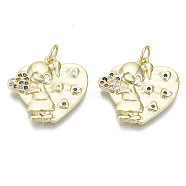 Brass Micro Pave Cubic Zirconia Pendants, Nickel Free, with Jump Rings, for Mother's Day, Heart with Girl, Colorful, Real 18K Gold Plated, 19.5x20.5x3mm, Jump Ring: 5x0.6mm, inner diameter: 3mm(X-ZIRC-S061-173G-NF)