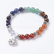 Chakra Jewelry, Natural Mixed Stone Beads Stretch Bracelets, with Alloy Findings, Lotus with Zazen, Antique Silver, 2-1/4 inch(5.7cm), Pendant: 16.5x18x1.5mm(BJEW-G600-02AS)