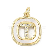 Rack Plating Brass Micro Pave Clear Cubic Zirconia Pendants, with Shell, Cadmium Free & Lead Free, Long-Lasting Plated, Real 18K Gold Plated, with Jump Ring, Letter T, 17.5x15x2.5mm, Hole: 3mm(KK-E102-33G-T)
