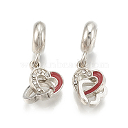 Alloy European Dangle Charms, with Rhinestone and Enamel, Large Hole Pendants, Heart, Red, Platinum, Crystal, 25mm, Hole: 5mm, 11x8.5x15mm and 7.5x8mm(MPDL-S066-055)