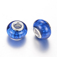 Resin European Beads, Large Hole Beads, with Silver Color Plated Brass Cores, Rondelle, Royal Blue, 14x9~9.5mm, Hole: 5mm(RPDL-R009-02)