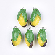 Resin Pendants, with Platinum Tone Iron Findings, Imitation Food, Maize, Yellow, 34~35x18~19x15mm, Hole: 2mm(X-RESI-T028-50)