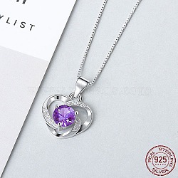 Anti-Tarnish Rhodium Plated 925 Sterling Silver Pendants, with Cubic Zirconia, Heart, Purple, Platinum, 13mm(ZIRC-BB50406-C)