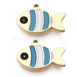 Ion Plating(IP) 316L Surgical Stainless Steel Charms, Nickel Free, with Enamel, Real 18K Gold Plated, Fish Charm, Dodger Blue, 8x12.5x1.5mm, Hole: 1mm(STAS-D035-01B-G-01)