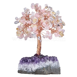Natural Rose Quartz & Quartz Crystal & Citrine Chips Tree of Life Decorations, Rough Raw Amethyst Base with Copper Wire Feng Shui Energy Stone Gift for Women Men Meditation, 89~101x114~152mm(DJEW-PW0013-44A)