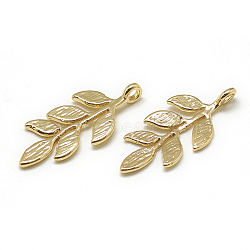 Brass Pendants, Leafy Branches, Real 18K Gold Plated, 23x10x1mm, Hole: 1mm(KK-T032-098G)