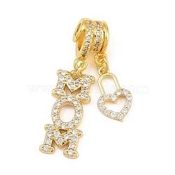 Mother's Day Brass Micro Pave Clear Cubic Zirconia Pendants, Word MOM with Heart Shape Lock Charms, Rack Plating, Long-Lasting Plated, Cadmium Free & Lead Free, Real 18K Gold Plated, 34mm, Hole: 3mm(CU-CBAD306-11G)