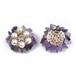 Natural Amethyst Cabochons, with ABS Plastic Imitation Pearl, Golden Plated Brass Perforated Disc Settings, Crystal Rhinestone and Glass Seed Beads, Flower, 25~29x7~9mm(FIND-S321-12-A03)