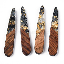 Transparent Resin & Walnut Wood Pendants, with Gold Foil, Teardrop Charms, Waxed, Black, 44x7.5x3.5mm, Hole: 1.5mm(RESI-N039-69C)