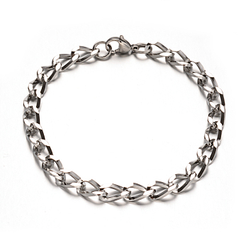 304 Stainless Steel Twisted Chain Bracelets, with Lobster Claw Clasps, Faceted, Stainless Steel Color, 8-1/8 inch(205mm), 6mm