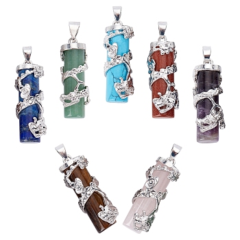 SUNNYCLUE 7Pcs 7 Style Natural & Synthetic Gemstone Pendants, with Platinum Alloy Findings, Column with Dragon, 40.5~41.5x14x15mm, Hole: 3.5x5mm, 1pc/style