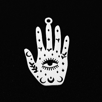 201 Stainless Steel Pendants, Laser Cut, Palm with Eye, Stainless Steel Color, 30x18x1mm, Hole: 1.6mm