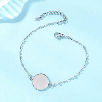 304 Stainless Steel Cable Chain Satellite Chain Bracelet Making, with Flat Round Cabochon Settings, Non-Tarnish, Stainless Steel Color, Tray: 14mm, 7.28 inch(18.5cm)