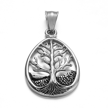 304 Stainless Steel Pendants, Teardrop with Tree, Antique Silver, 36.5x24x3mm, Hole: 9x5mm