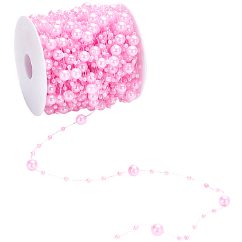 1 Roll Plastic Pearl Round Beaded Link Chains, with Spool, Pink, 3mm & 7.5mm, about 98.43 Feet(30m)/roll