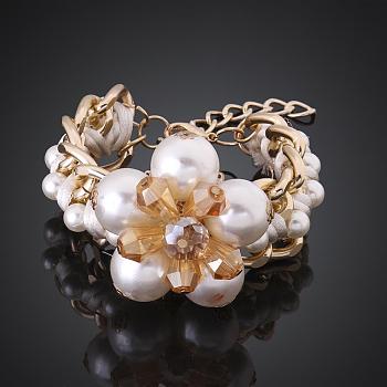 Imitation Pearl Flower Bracelets, with Brass Chains, White, Golden, 7-7/8 inch(20cm)