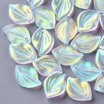 Electroplate Glass Pendants, AB Color Plated, Frosted, Leaf, Clear AB, 16x11.5x3.5mm, Hole: 1.5mm