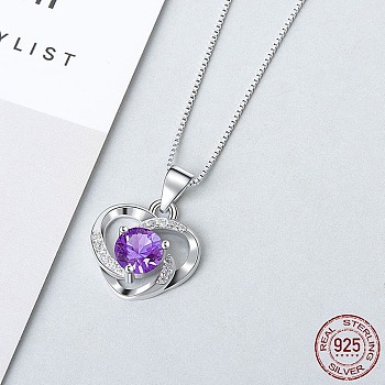 Anti-Tarnish Rhodium Plated 925 Sterling Silver Pendants, with Cubic Zirconia, Heart, Purple, Platinum, 13mm