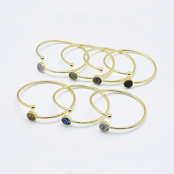 Brass Cuff Bangles, with Natural Druzy Agate, Flat Round, Golden, 2-1/4 inch(58mm)