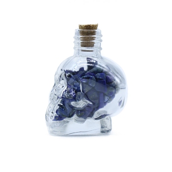 Natural Lapis Lazuli Diaplay Decorations, Reiki Energy Stone Chip Skull Shaped Wishing Bottle, 35x44mm