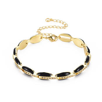 Brass Micro Pave Cubic Zirconia Link Chain Bracelet for Women, Enamel Oval Bracelets, Nickel Free, Real 18K Gold Plated, Black, 6-7/8 inch(17.5cm), 7mm