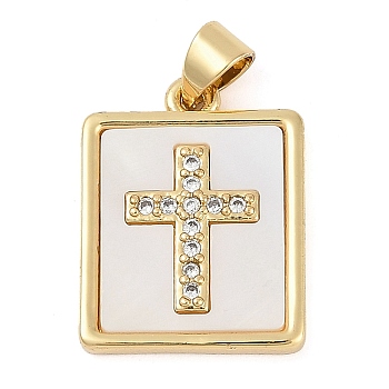 Rack Plating Brass Micro Pave Cubic Zirconia Pendants, with Natural Shell, Long-Lasting Plated, Cadmium Free & Lead Free, Rectangle with Cross, Real 18K Gold Plated, 19.5x15.5x2.5mm, Hole: 4x3.5mm