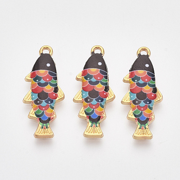 Printed Alloy Pendants, with Enamel, Fish, Light Gold, Colorful, 27.5x11x2.5mm, Hole: 1.4mm