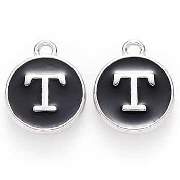 Platinum Plated Alloy Charms, Cadmium Free & Lead Free, with Enamel, Enamelled Sequins, Flat Round with Letter, Letter.T, 14x12x2mm, Hole: 1.5mm