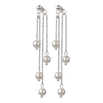 Natural Pearl Front Back Stud Earrings, Alloy Chains Tassel Earrings, Silver, 72x6mm