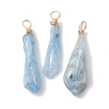 Electroplated Natural Quartz Crystal Dyed Pendants, Teardrop Charms with Golden Plated Copper Wire Loops, Sky Blue, 34~37x6~10.5x6~9.5mm, Hole: 3.5mm