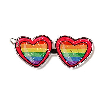 Double-Sided Printed Acrylic Big Pendants, with Iron Jump Ring and Glitter Powder, Heart Glasses with Rainbow Pattern, Red, 51x21.5x2mm, Hole: 5.5mm