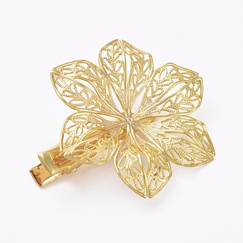 Hair Accessories Iron Alligator Hair Clip Findings, with Brass Filigree Flower Cabochon Bezel Settings, Long-Lasting Plated, Golden, Tray: 12mm, 48x10mm, Flower: 40mm