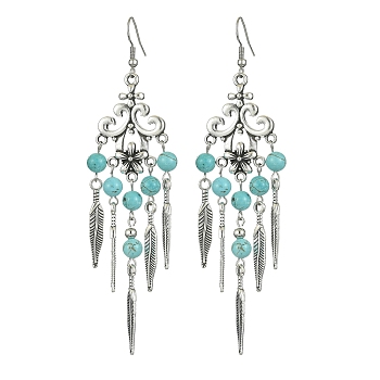 Synthetic Turquoise Beaded Chandelier Earrings, Alloy Feather Tassel Earrings with 304 Stainless Steel Pins, 102x30mm