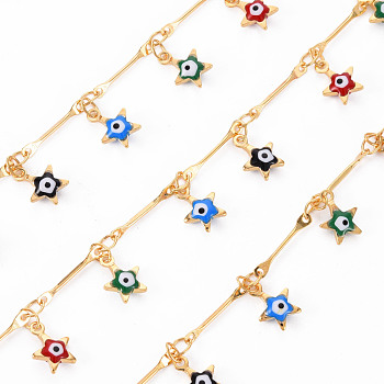 Handmade Brass Bar Chain, with Enamel Charms, Soldered, Spool, Star with Evil Eye, Real 18K Gold Plated, Colorful, 12.5x1.5x1mm and 3.5x2.5x0.3mm, about 16.4 Feet(5m)/roll