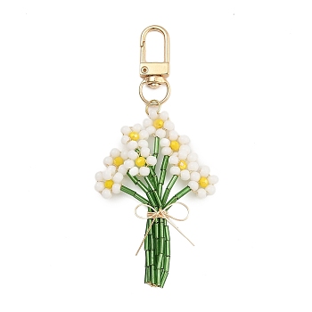 Flower Glass Seed Beads Pendant Decoration, Alloy Swivel Clasps Charms for Bag Ornaments, Colorful, 104mm