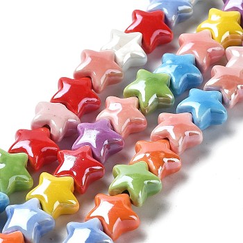 Handmade Porcelain Beads Strands, Bright Glazed Porcelain, Star, Mixed Color, 13x14x7.5mm, Hole: 2.2mm, about 28pcs/strand, 12.40''(31.5cm)